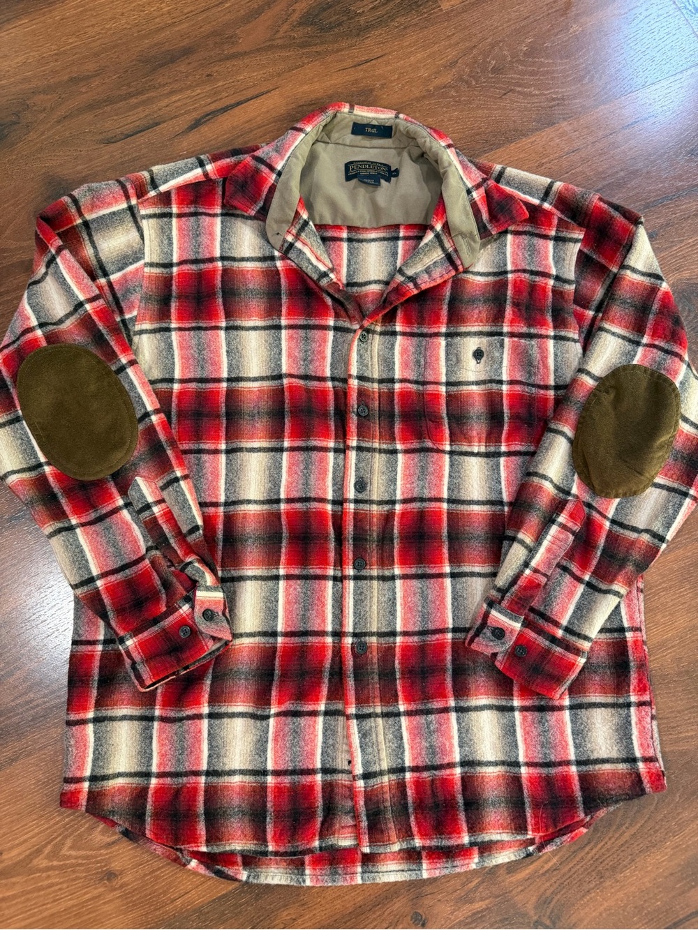 Pendleton Red Plaid Wool Trail Shirt suede Elbow Patches Button Up SZ XL